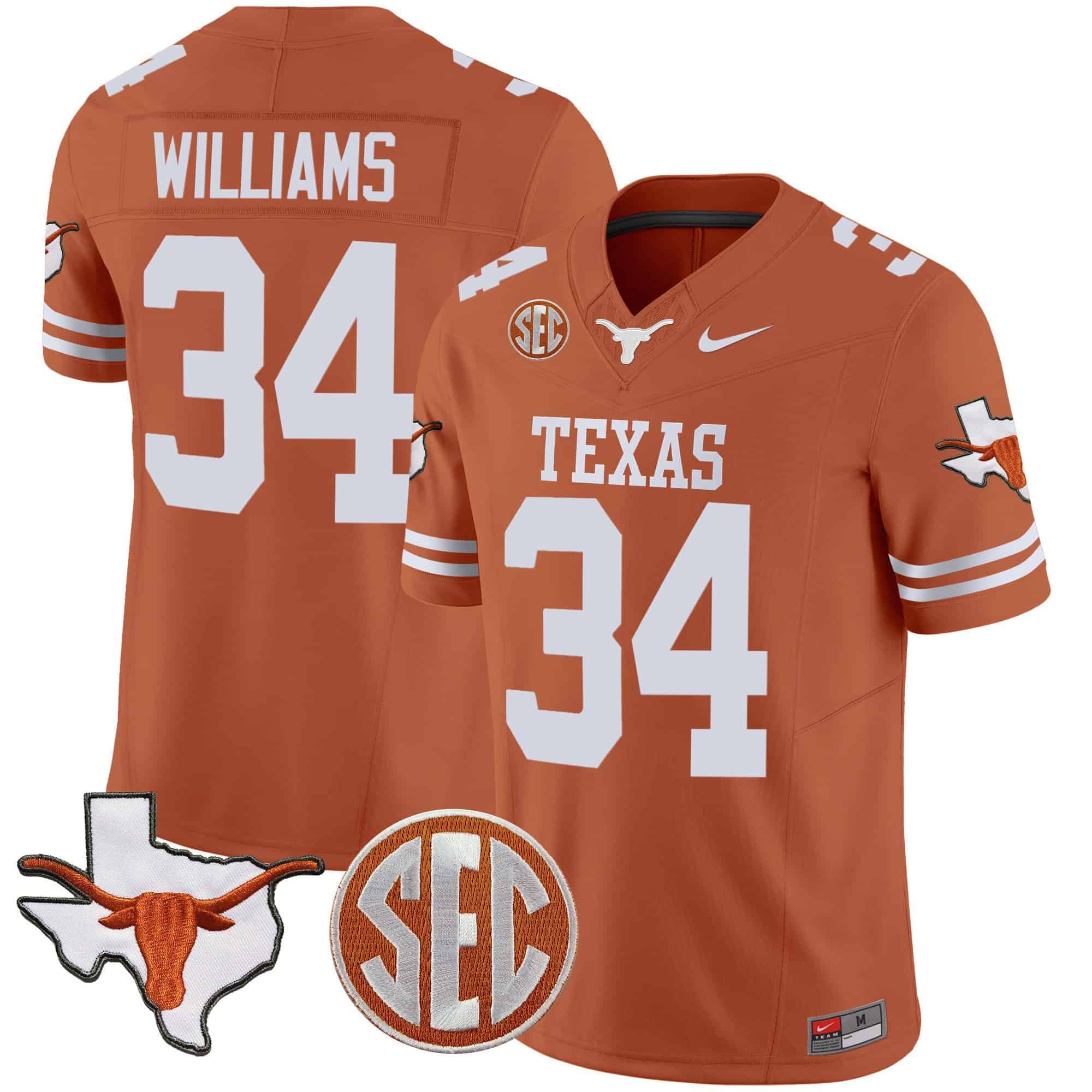 Men Texas Longhorns #34 Williams Orange 2024 Nike State Map & SEC Patch Vapor NCAA Jersey style 1